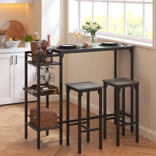 Bar Table and Chairs Set for 2 with 3 Storage Shelves and Wine Rack, Gray R594