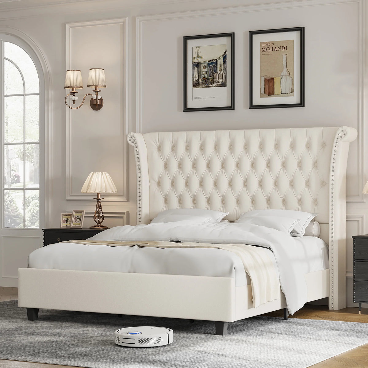 King Size White Velvet Tufted Upholstered Platform Bed W874