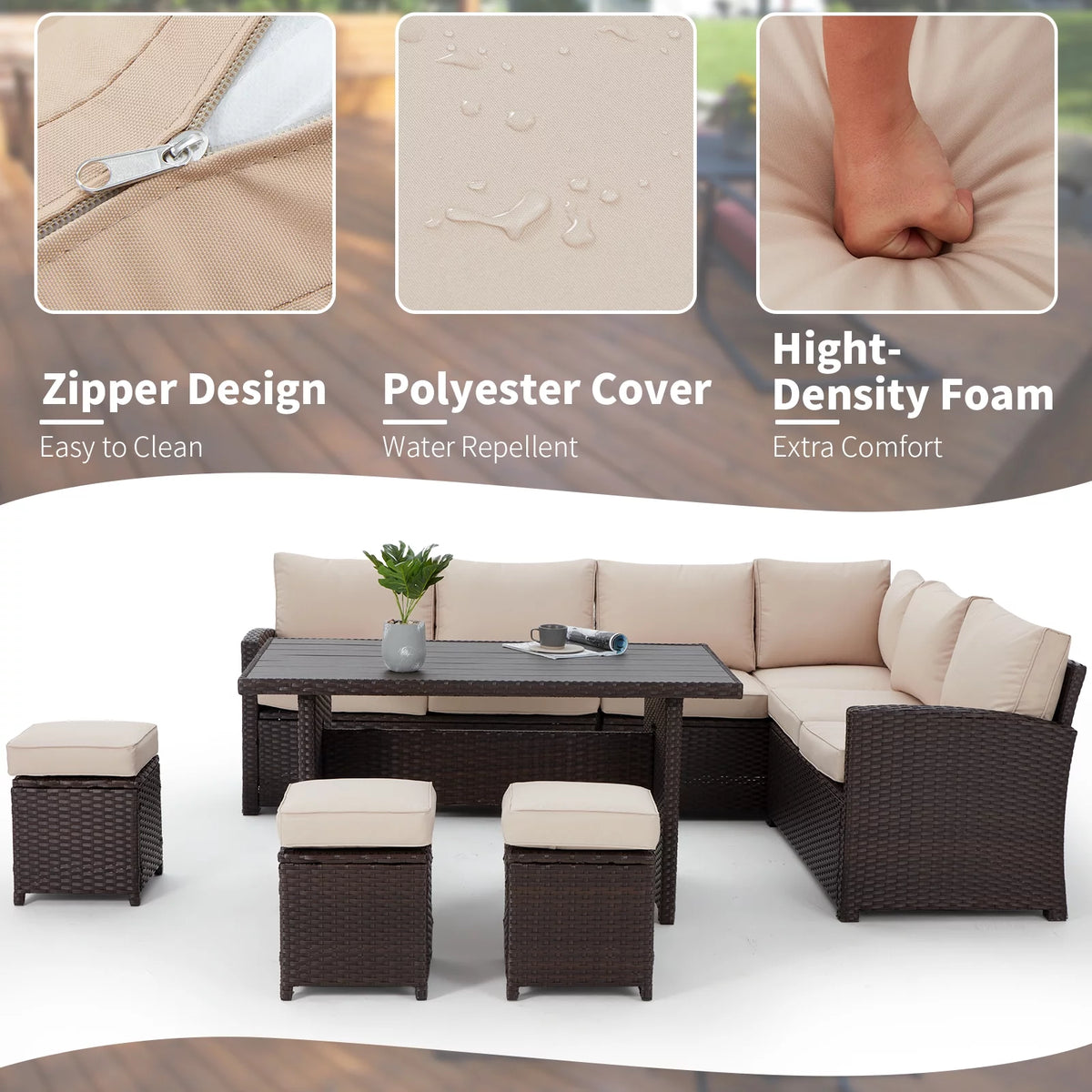 7-Piece Beige Rattan Wicker Sectional Sofa Set K35636