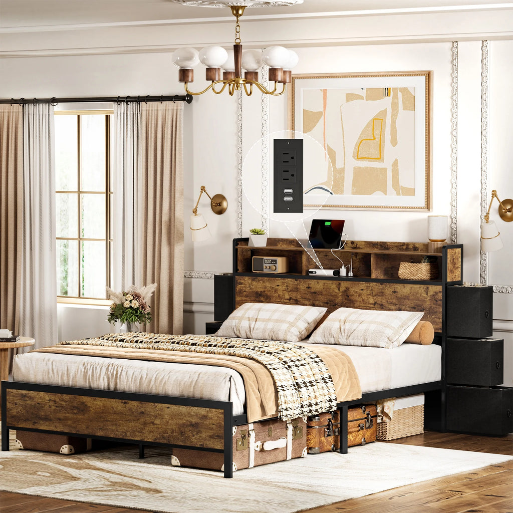 Queen Bed Frame with 6 Drawers Storage Headboard LED USB Ports & Outlets L576