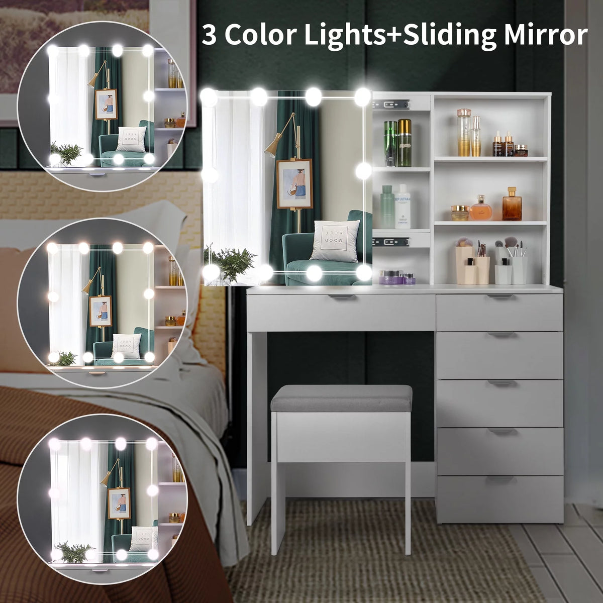 White Makeup Vanity Table Set with Sliding Mirror A7550