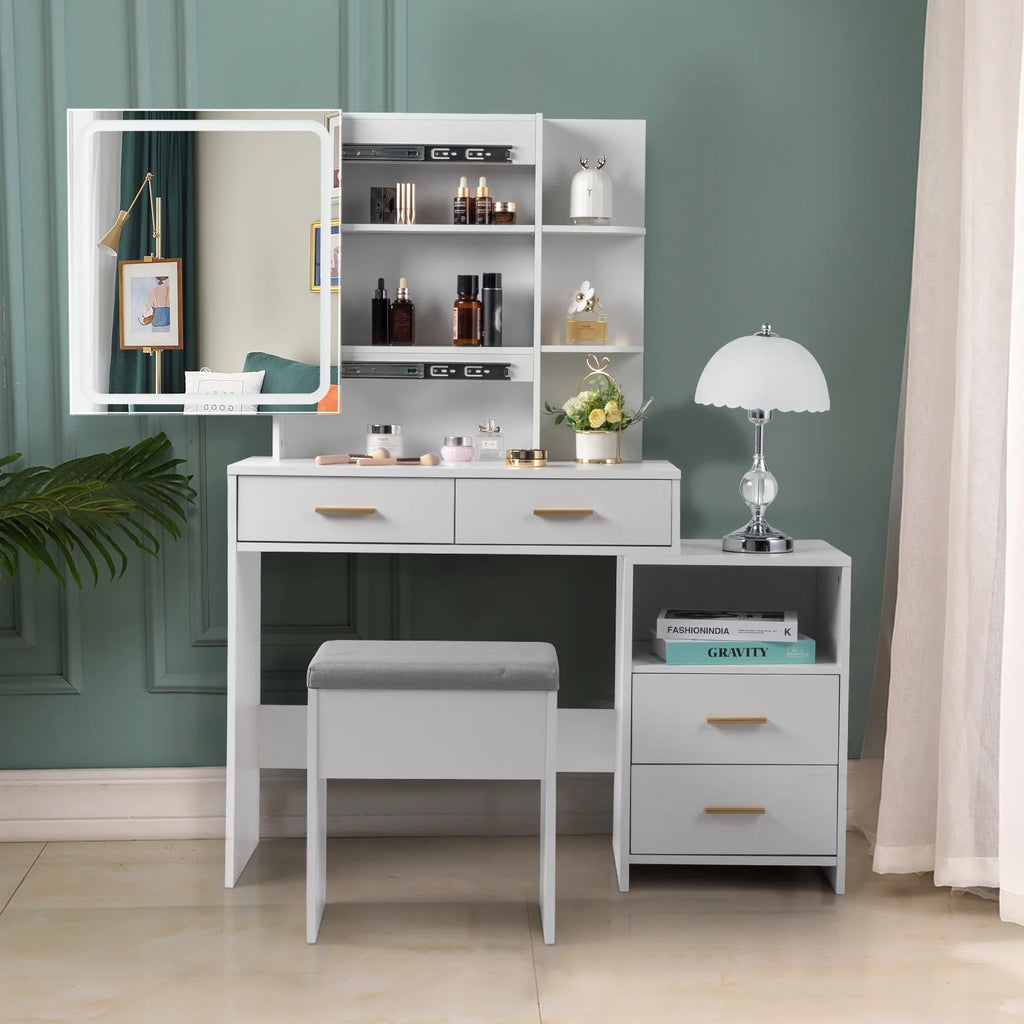 White Makeup Vanity Table Set with Sliding Mirror A7550