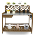 Wooden Potting Bench with Metal Table Top, Drawer and Shelf Q718461