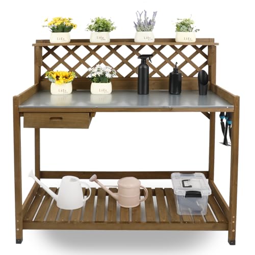 Wooden Potting Bench with Metal Table Top, Drawer and Shelf Q718461