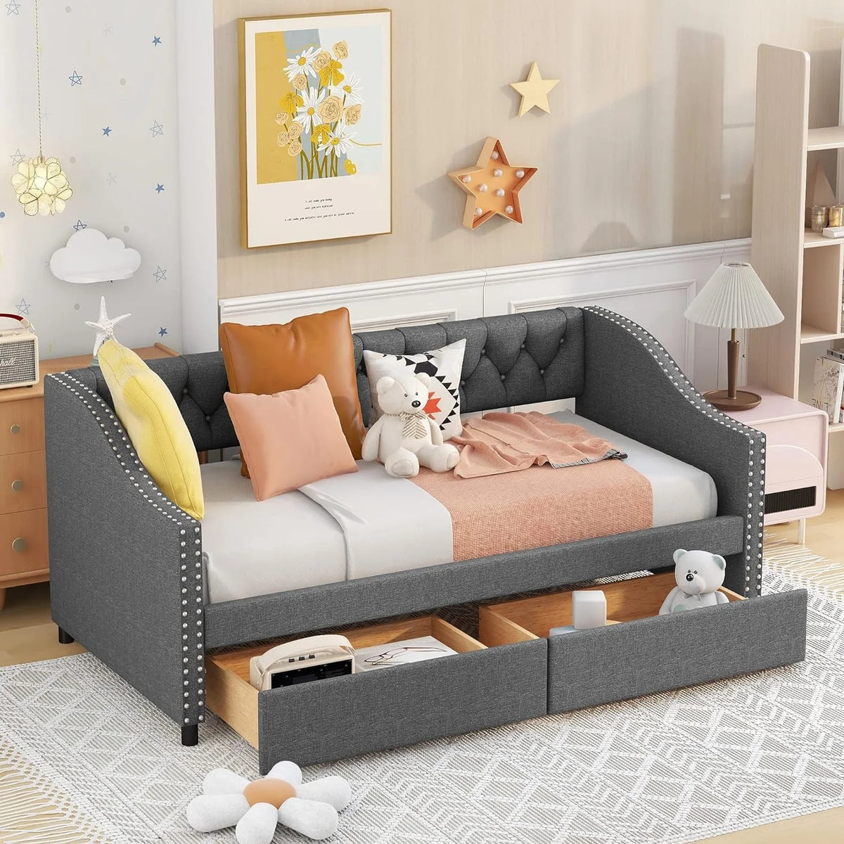 Upholstered Wooden Daybed with Storage and 2 Drawers W3230