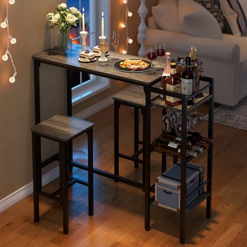 Bar Table and Chairs Set for 2 with 3 Storage Shelves and Wine Rack, Gray R594