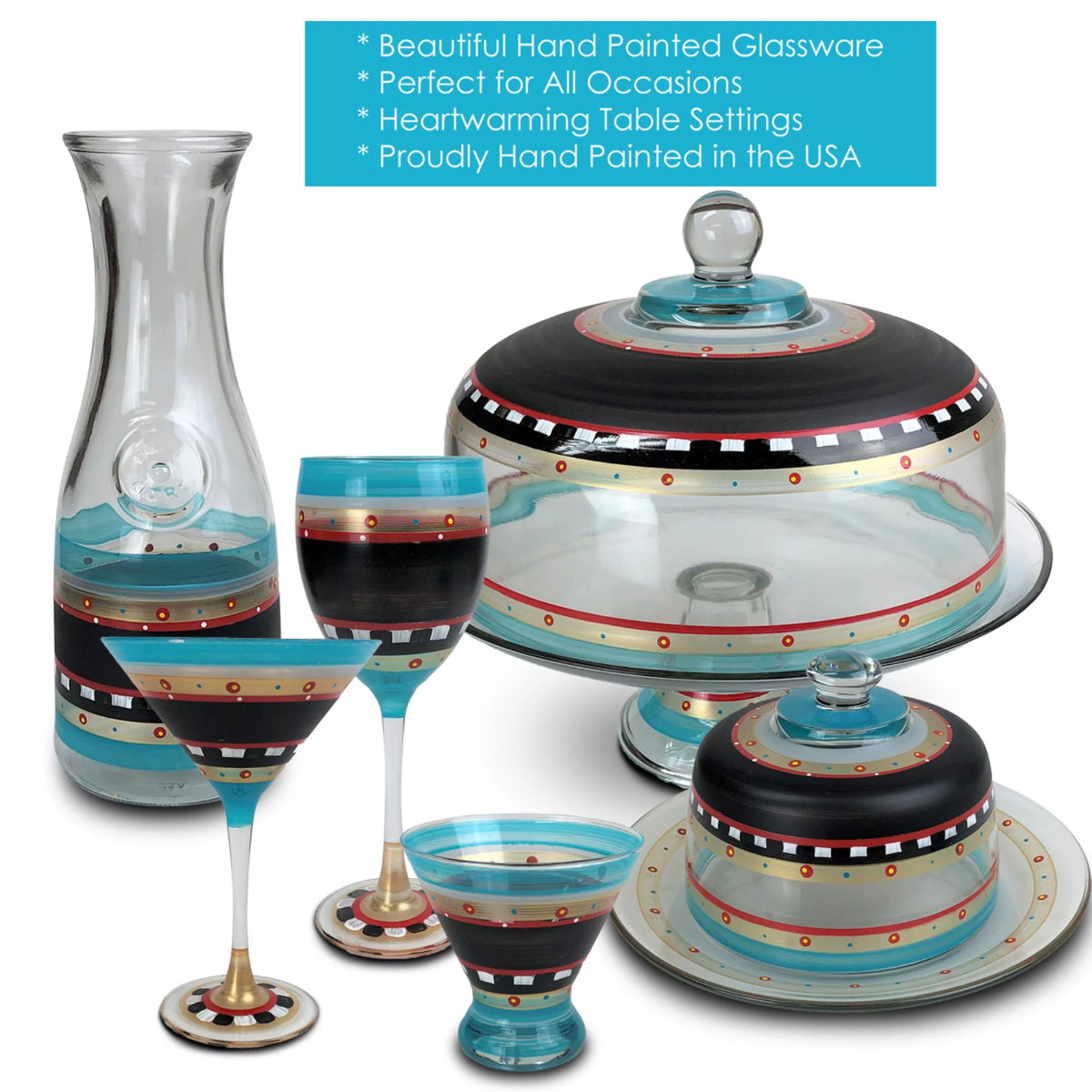 Set of 2 Blue Mosaic Hand Painted Martini Drinking Glasses B161