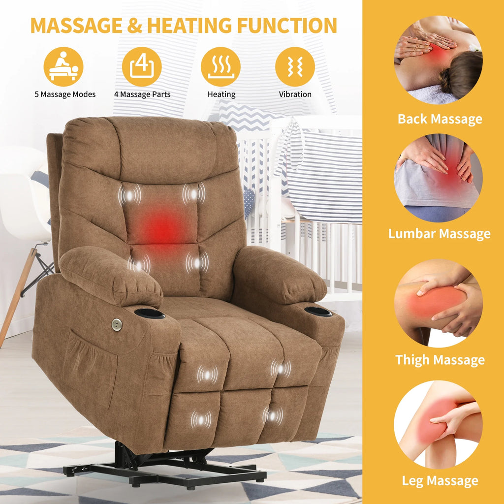 Brown Fabric Power Lift Recliner Chair with Massage and Heat M7888