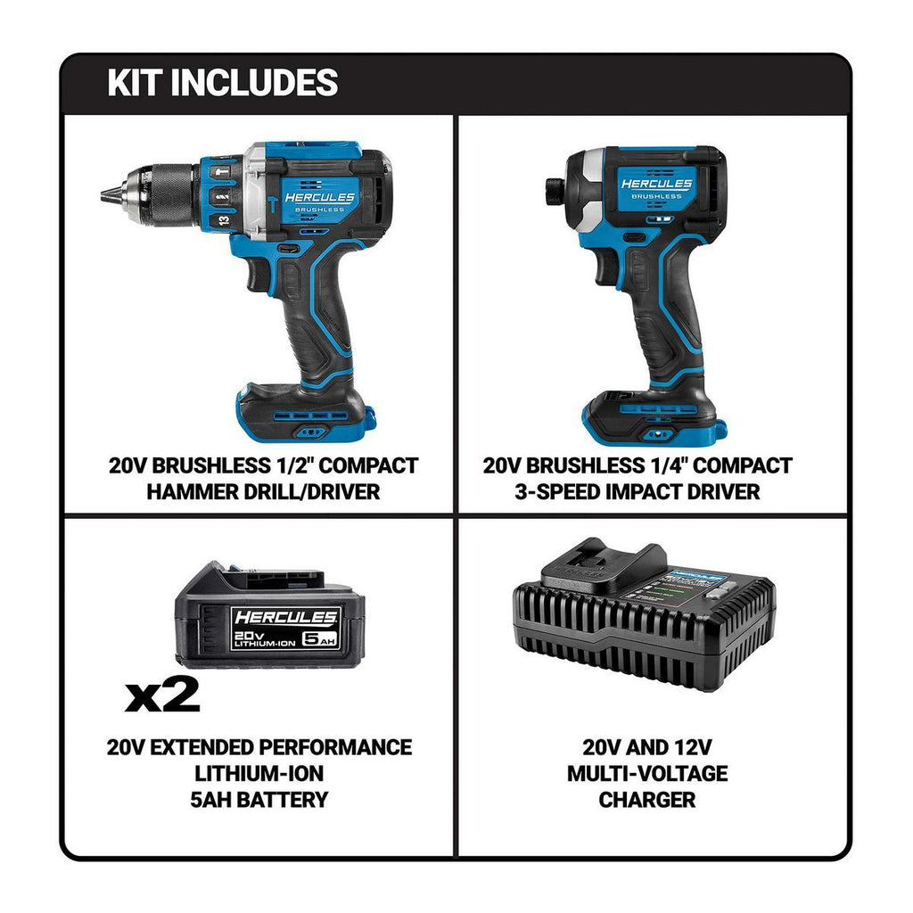 20V Brushless Cordless Hammer Drill and Impact Driver 2-Tool Combo Kit with 5 Ah Batteries and Charger A68061