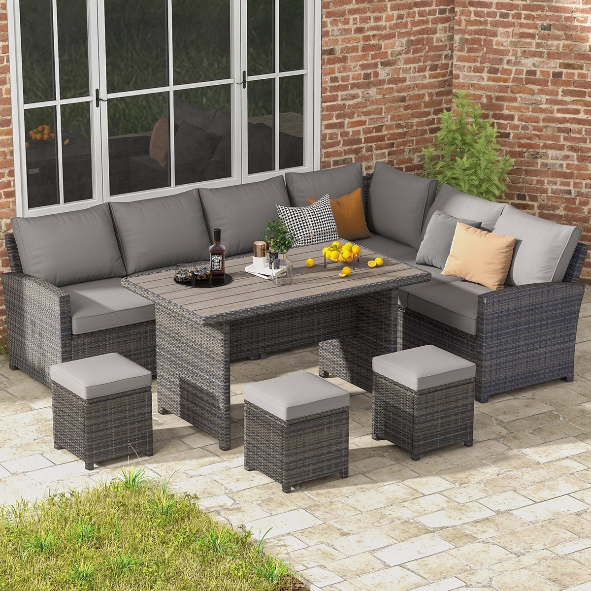 7-Piece Beige Rattan Wicker Sectional Sofa Set K35636