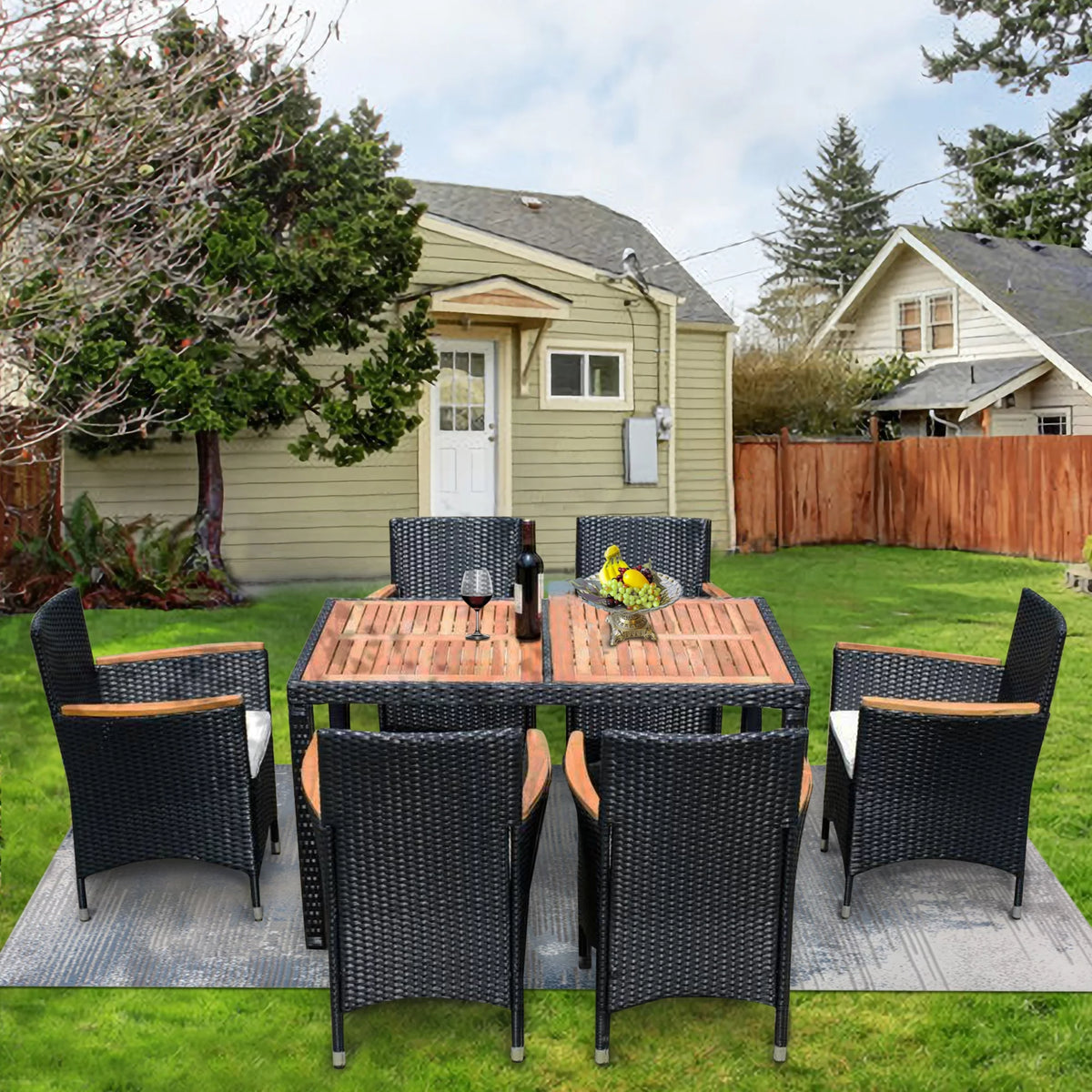7 Piece Outdoor Wicker Dining Set with Beige Cushions R45358