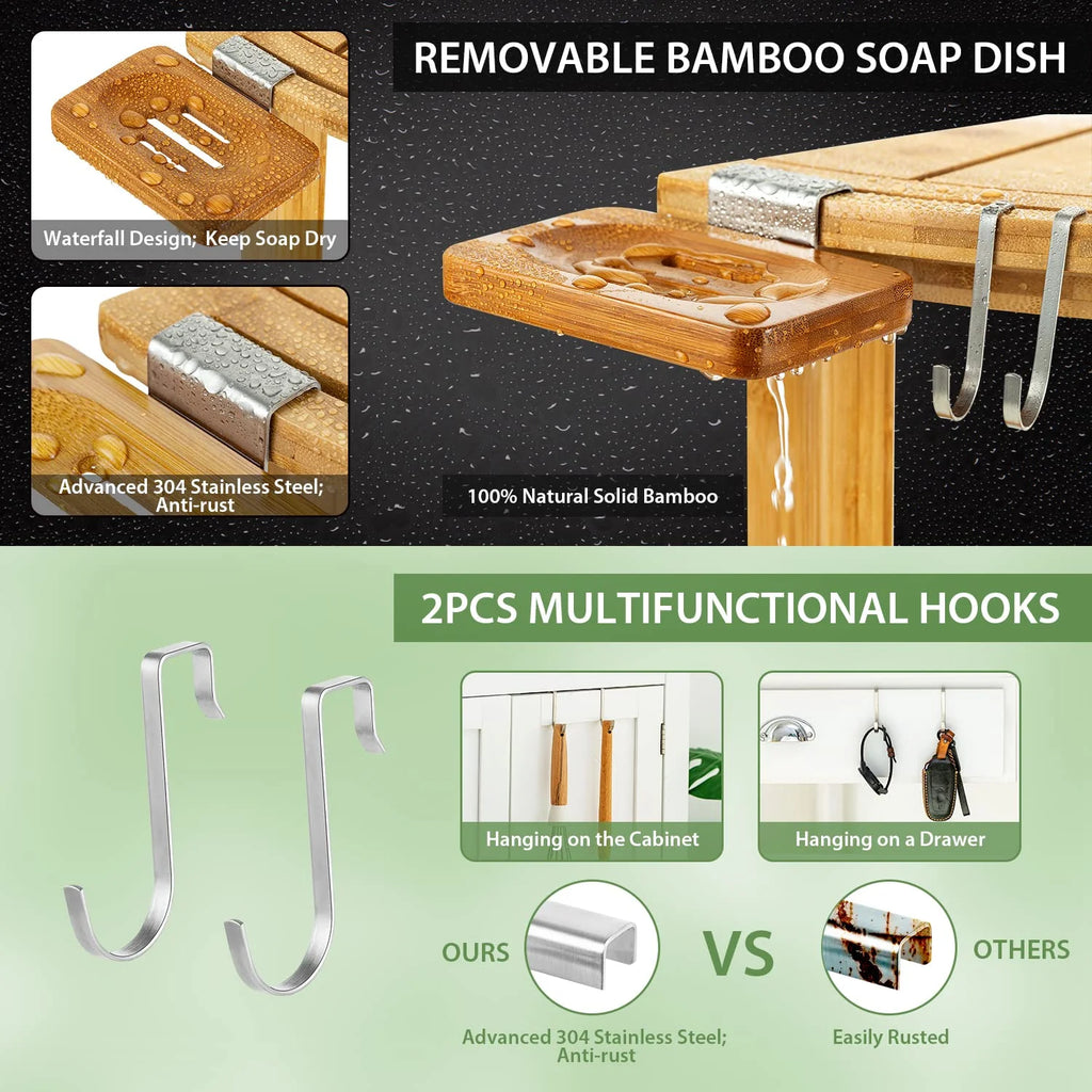 Bamboo Corner Shower Stool with Storage Shelf and Soap Dish E87719