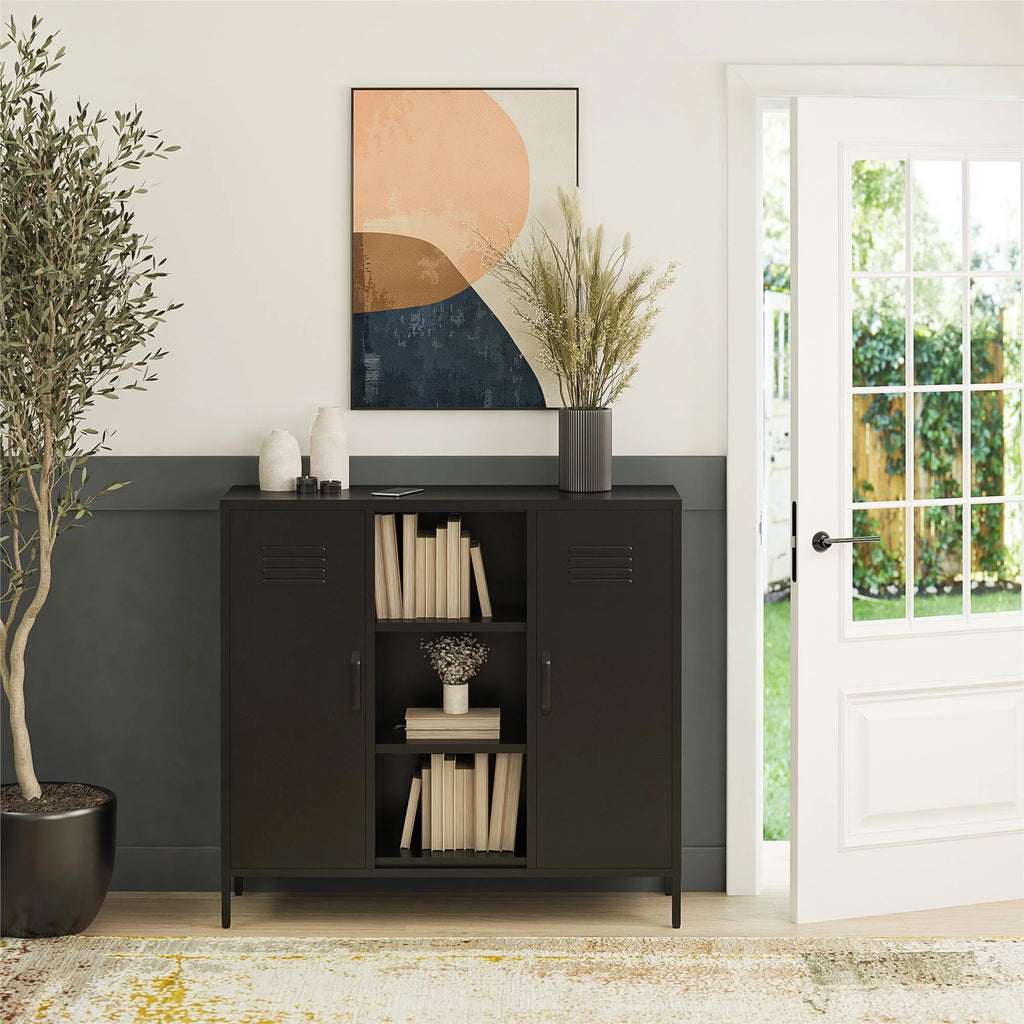 2 Door Metal Locker Accent Storage Cabinet with Bookcase, Black I937218