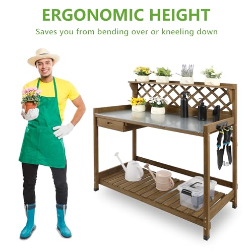 Wooden Potting Bench with Metal Table Top, Drawer and Shelf Q718461