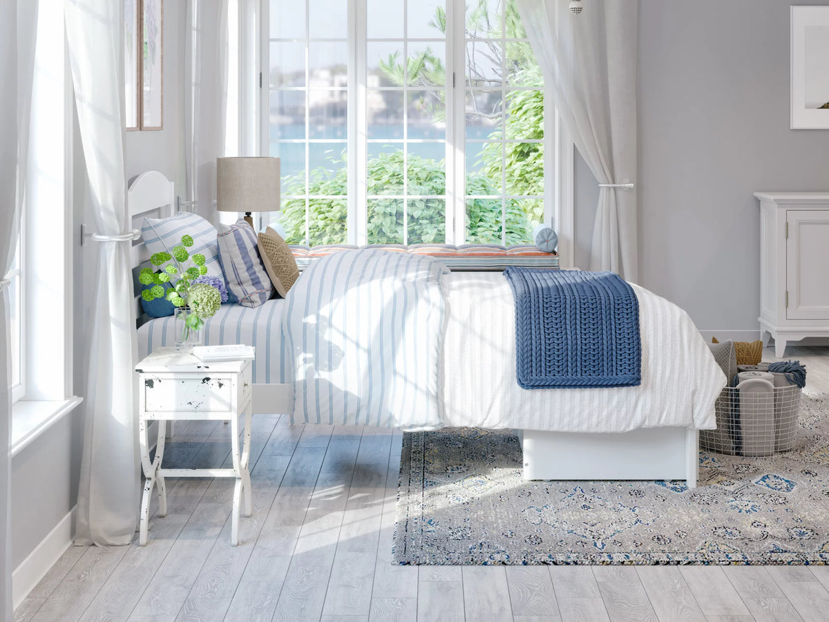 White Twin XL Wood Platform Bed Frame with Foot Drawer Storage H297883