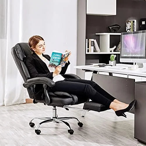 Black PU Leather Reclining Office Chair with Footrest U1002