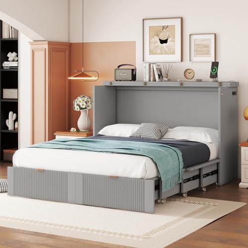 Full Size Wood Murphy Bed with Drawer Y513300