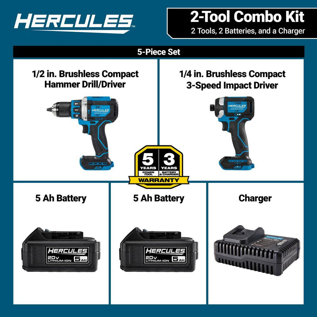 20V Brushless Cordless Hammer Drill and Impact Driver 2-Tool Combo Kit with 5 Ah Batteries and Charger A68061