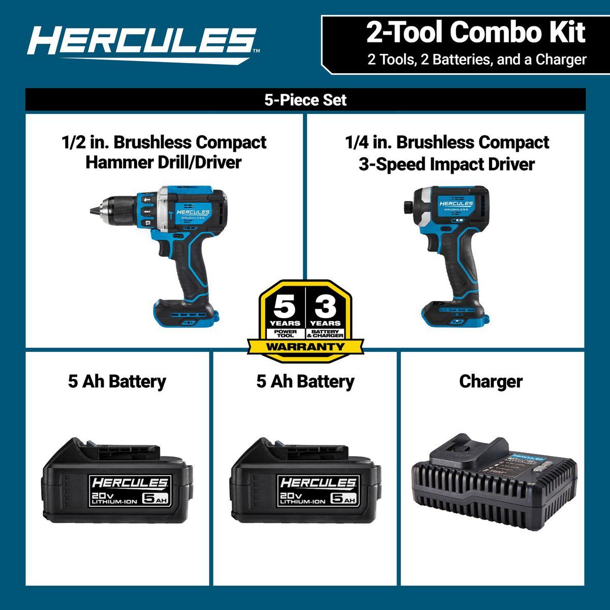 20V Brushless Cordless Hammer Drill and Impact Driver 2-Tool Combo Kit with 5 Ah Batteries and Charger A68061