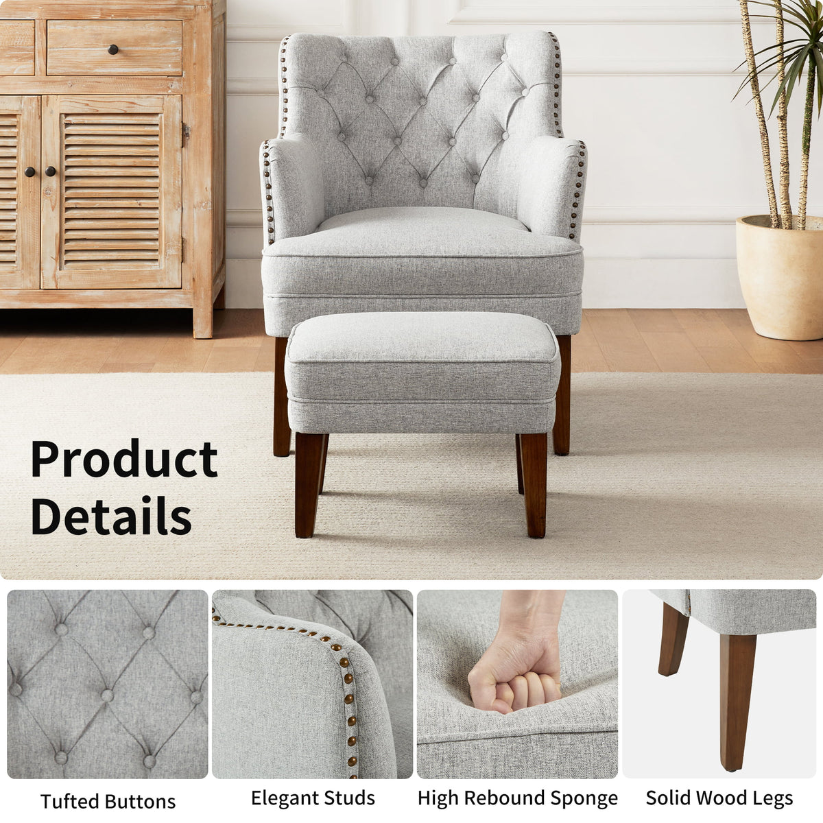 Beige Accent Chair with Ottoman Set Q72714