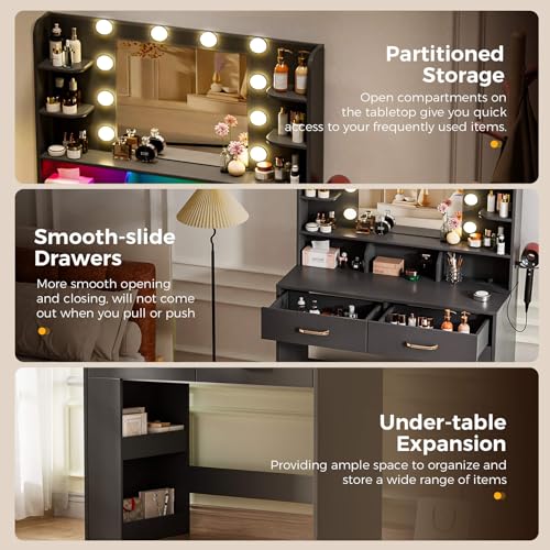 White Vanity Desk with Lighted Mirror and Power Outlet D878749