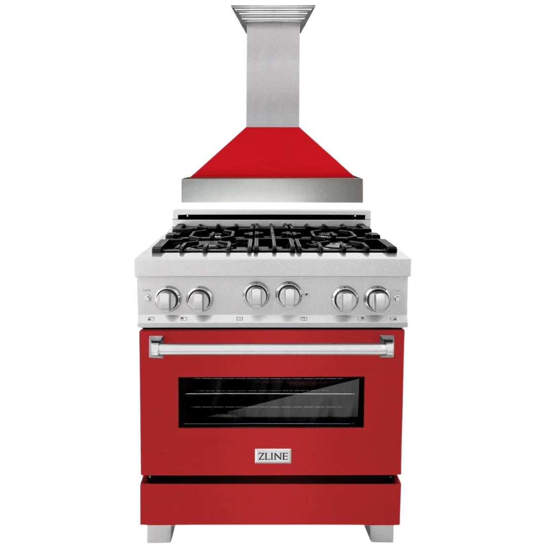 30 Dual Fuel Range with Red Matte Door & Range Hood Appliance Package N788