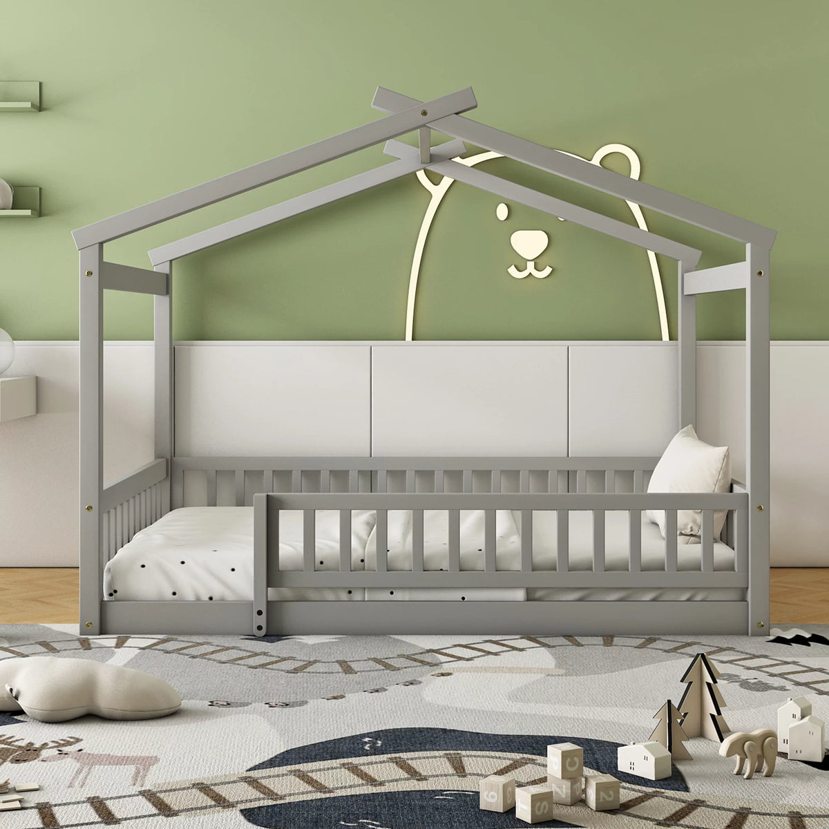 Full Size Wood Floor Bed Frame with Fence Guardrails and House Roof M743