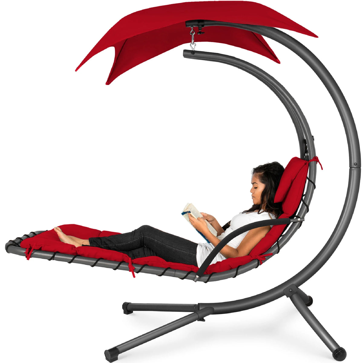 Hanging Curved Chaise Lounge Chair Swing with Pillow, Shade, Stand F928338