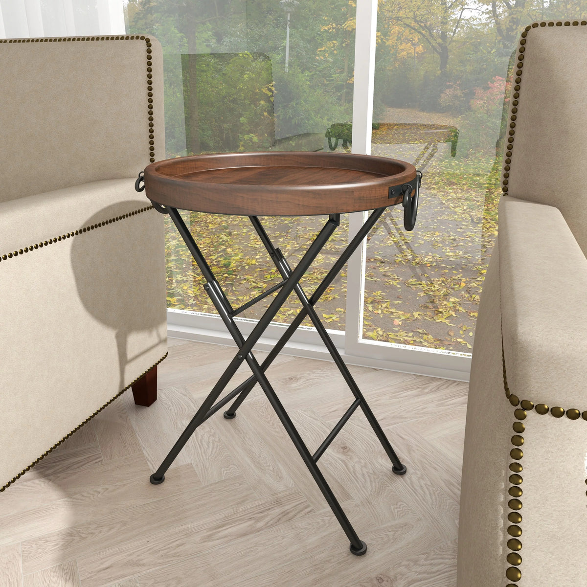 20" x 28" Black Metal Accent Table with Brown Wood Top U977