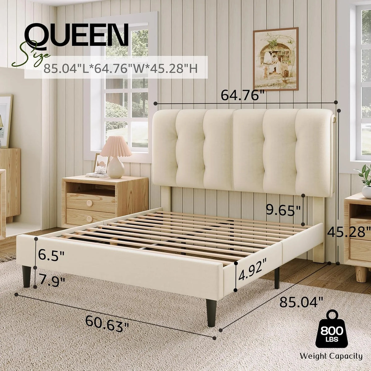 Queen Velvet Upholstered Platform Bed with Adjustable Headboard R3804