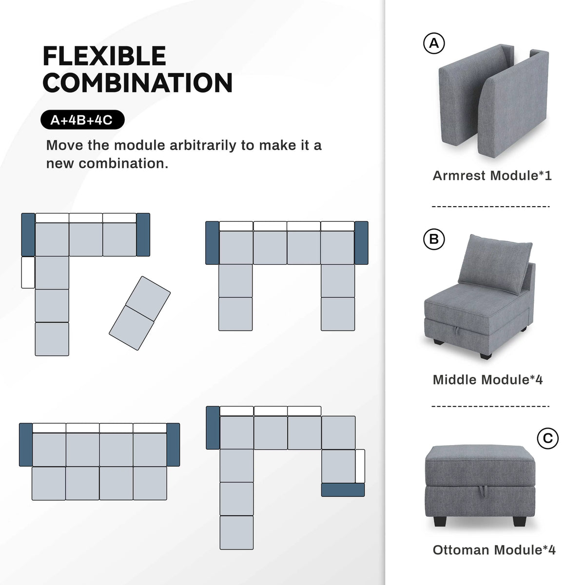 Bluish Grey Modular Sleeper Sectional Sofa Bed with Storage M45873