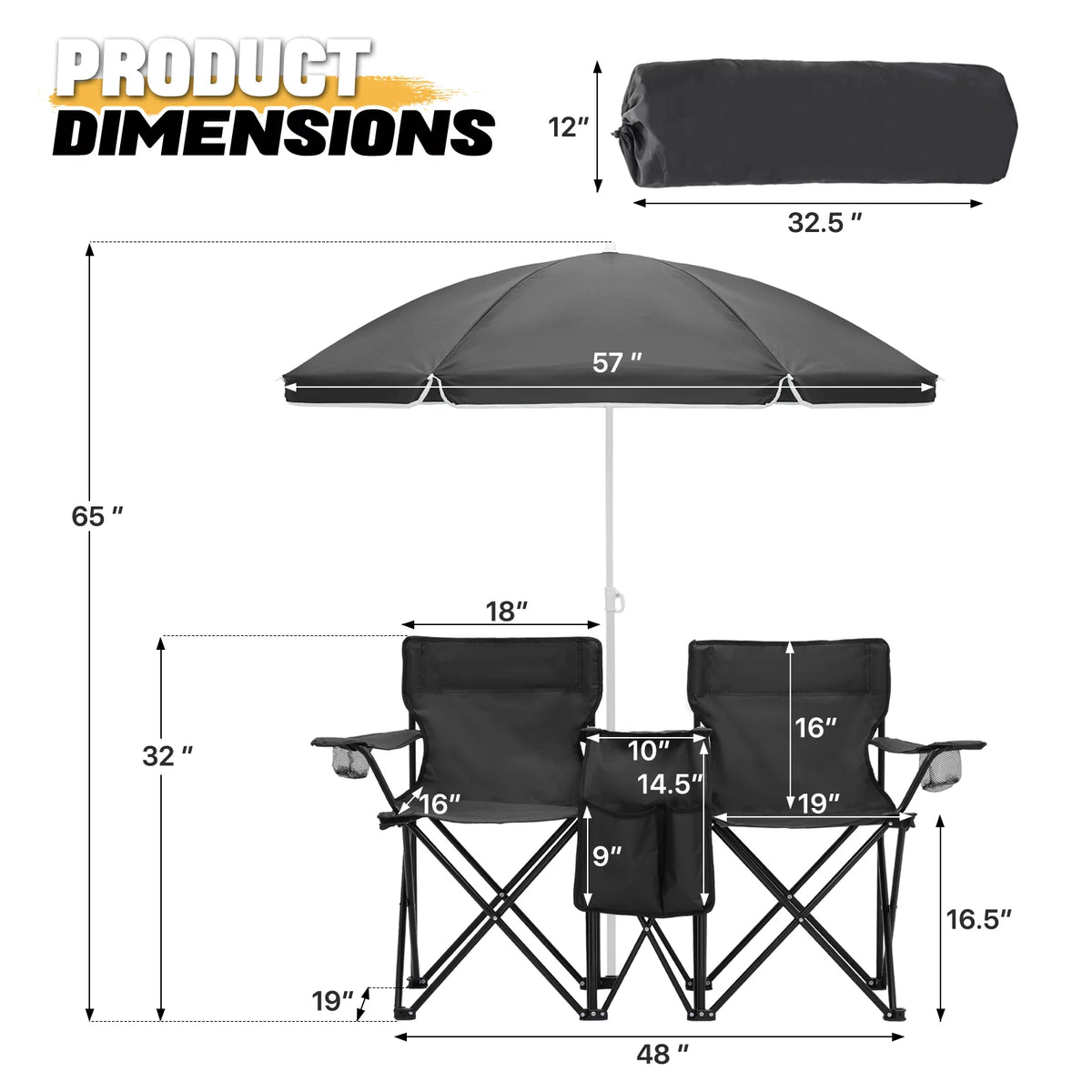 Portable Double Folding Chair with Umbrella, Cooler Bag & Carry Bag, Black H695