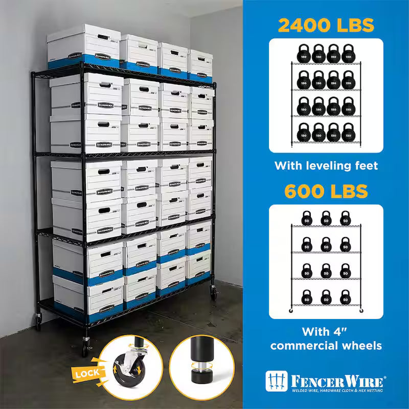 Black 4-Tier Metal Storage Shelving Unit with Casters V97045
