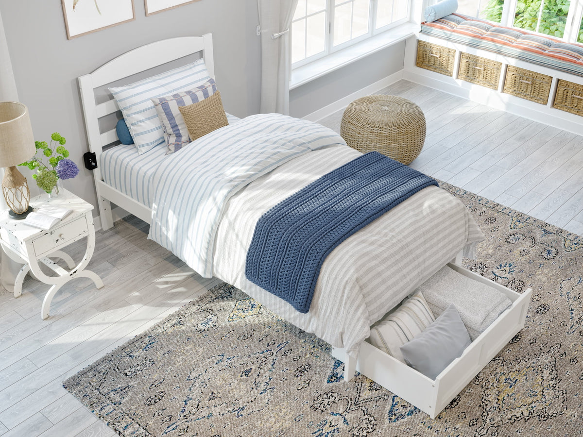 White Twin XL Wood Platform Bed Frame with Foot Drawer Storage H297883