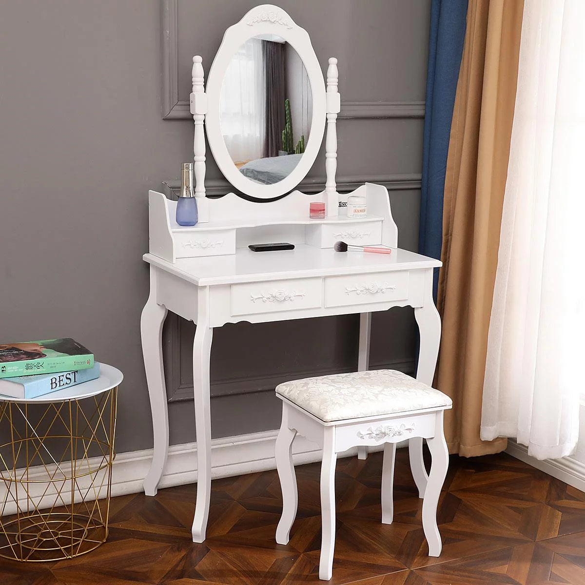 White Vanity Table and Stool Set with 4 Drawers & Mirror O759582