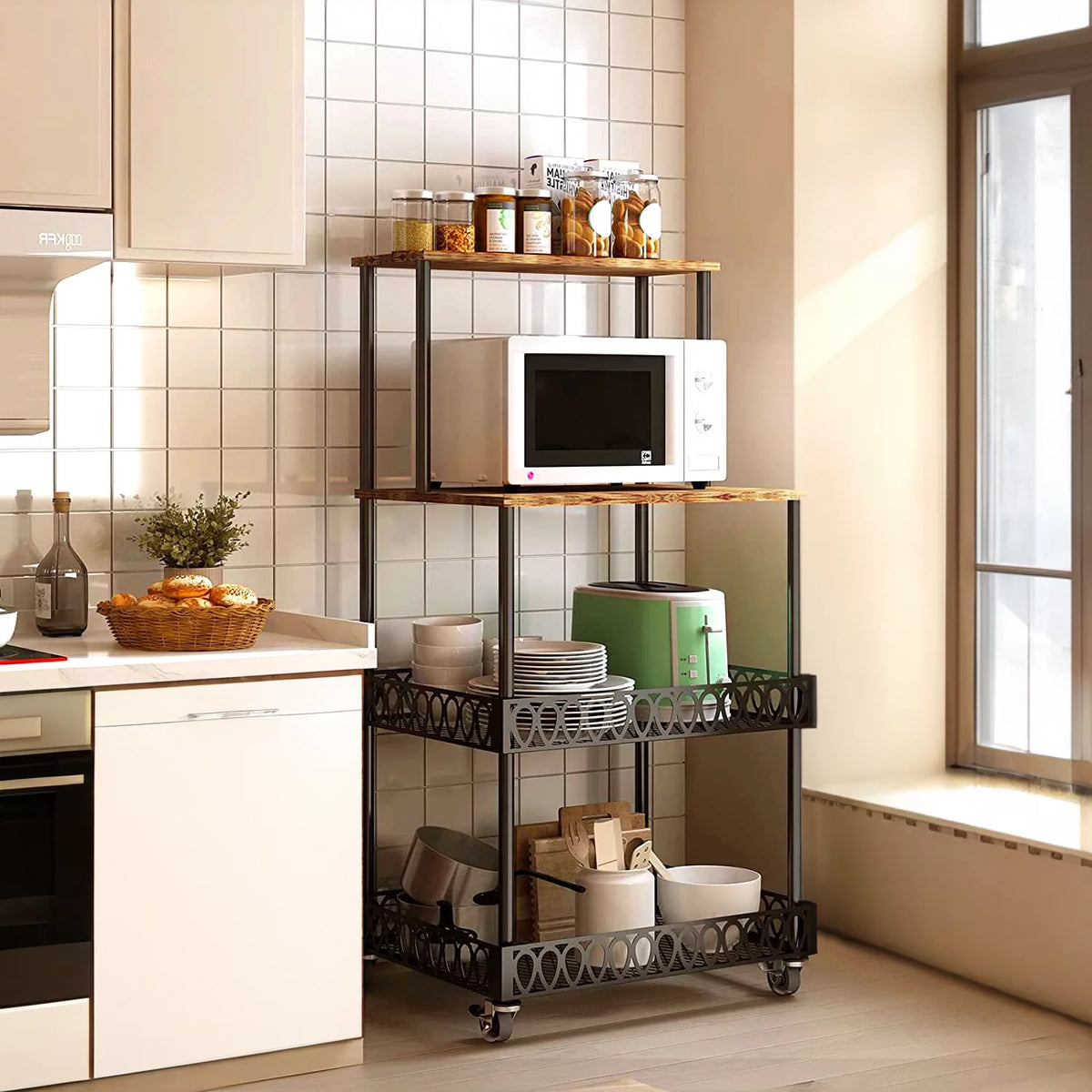 4-Tier Baker's Rack 48 inch Kitchen Storage Organizer with Metal Wheels L965008