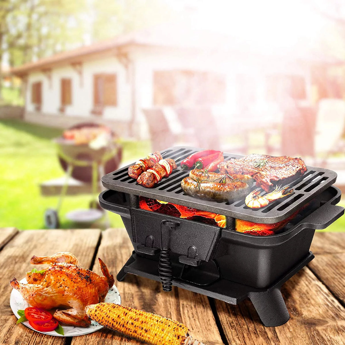 Charcoal Grill, Portable BBQ Grill with Double-sided Grilling Net I48540