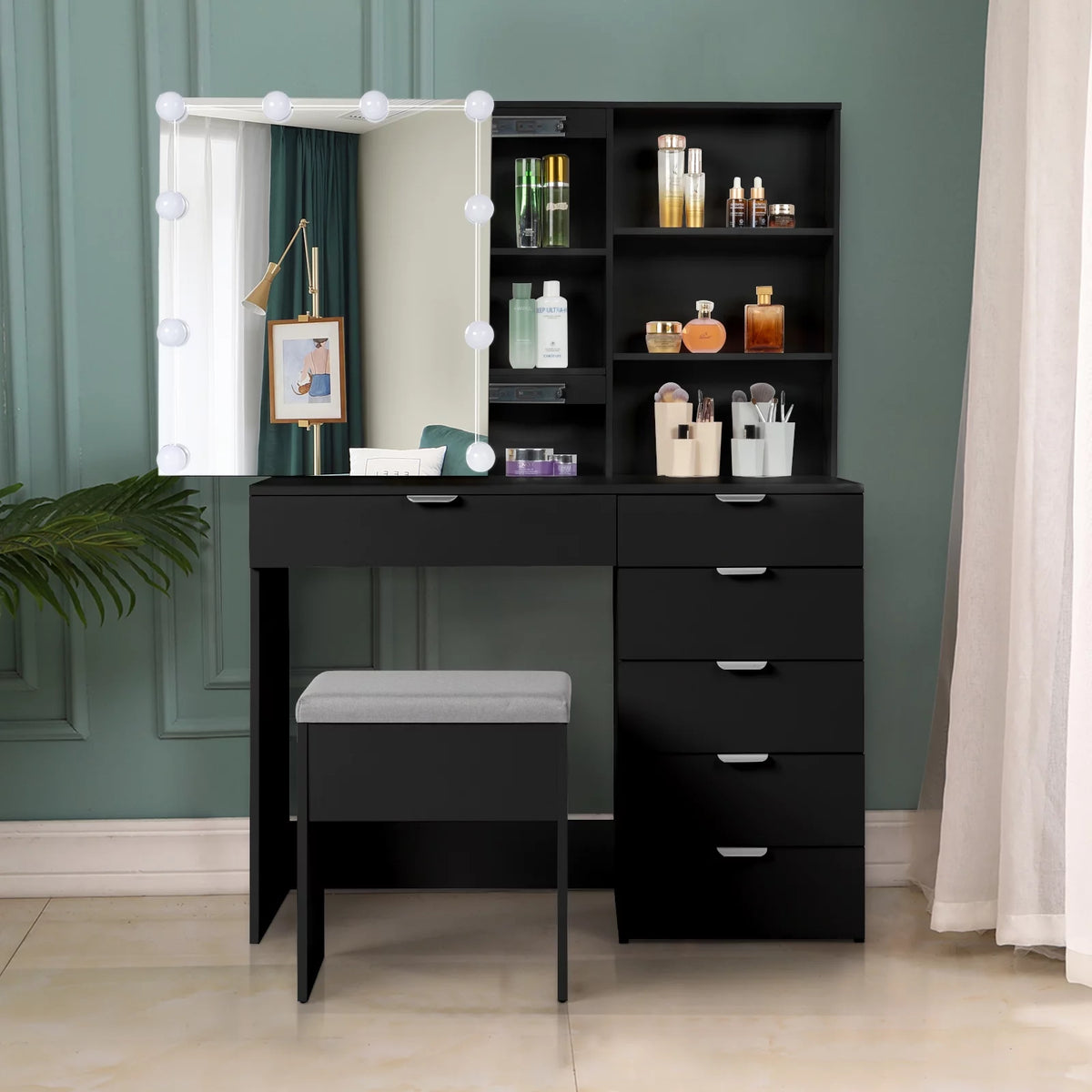 White Makeup Vanity Table Set with Sliding Mirror A7550
