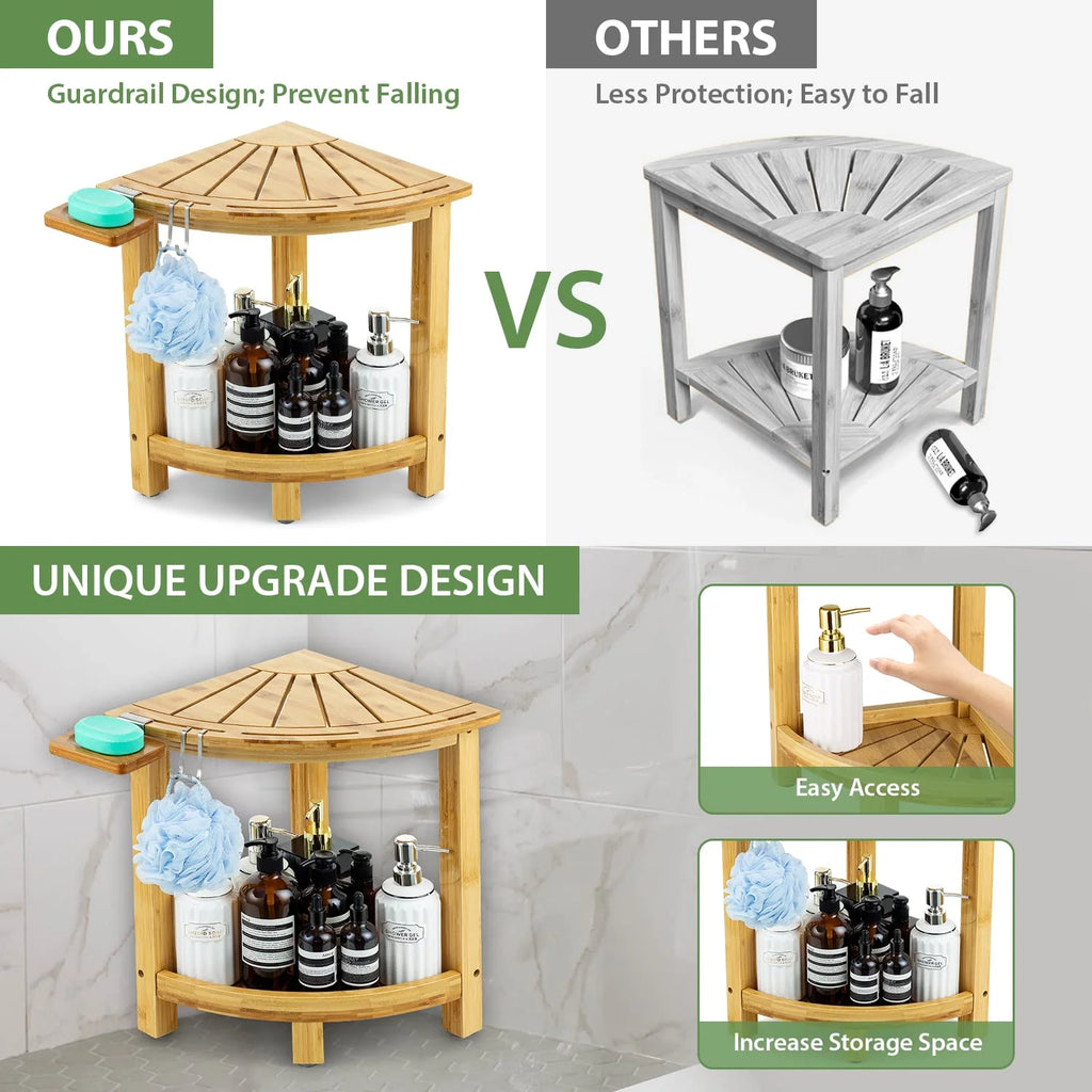 Bamboo Corner Shower Stool with Storage Shelf and Soap Dish E87719