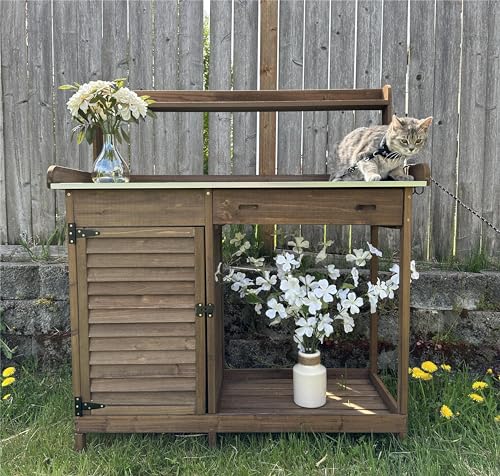 Wooden Potting Bench with Metal Table Top, Drawer and Shelf Q718461