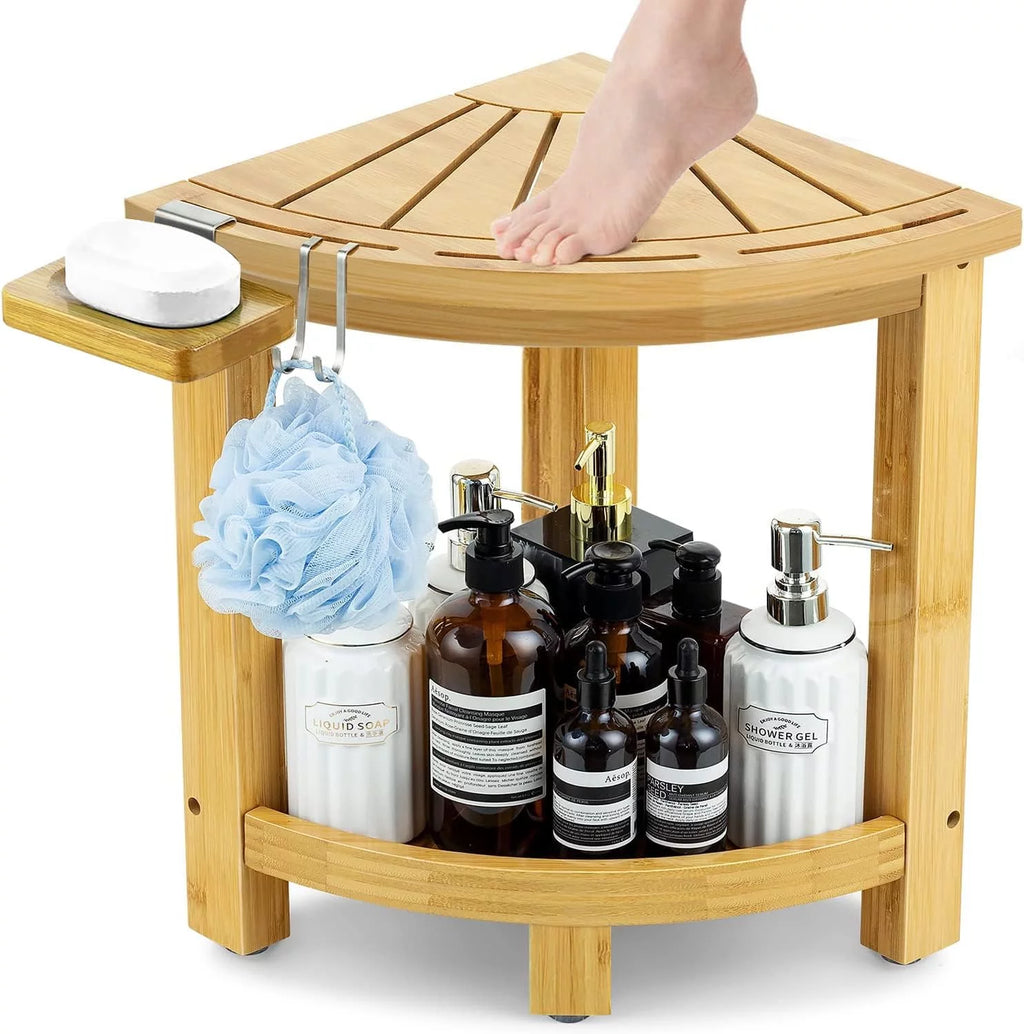 Bamboo Corner Shower Stool with Storage Shelf and Soap Dish E87719