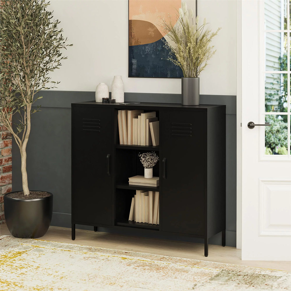 2 Door Metal Locker Accent Storage Cabinet with Bookcase, Black I937218