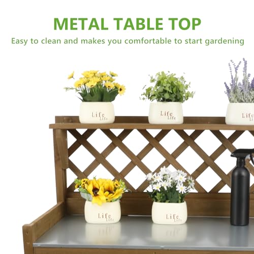 Wooden Potting Bench with Metal Table Top, Drawer and Shelf Q718461