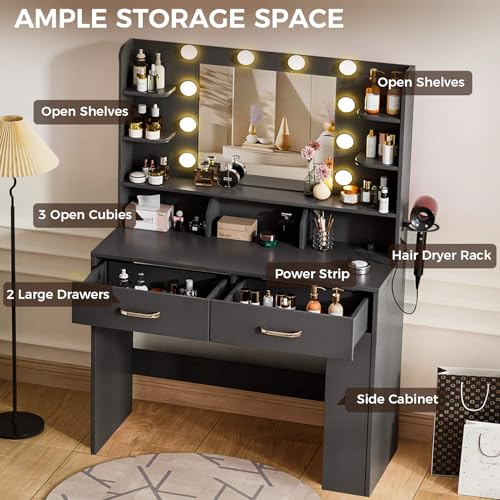 White Vanity Desk with Lighted Mirror and Power Outlet D878749