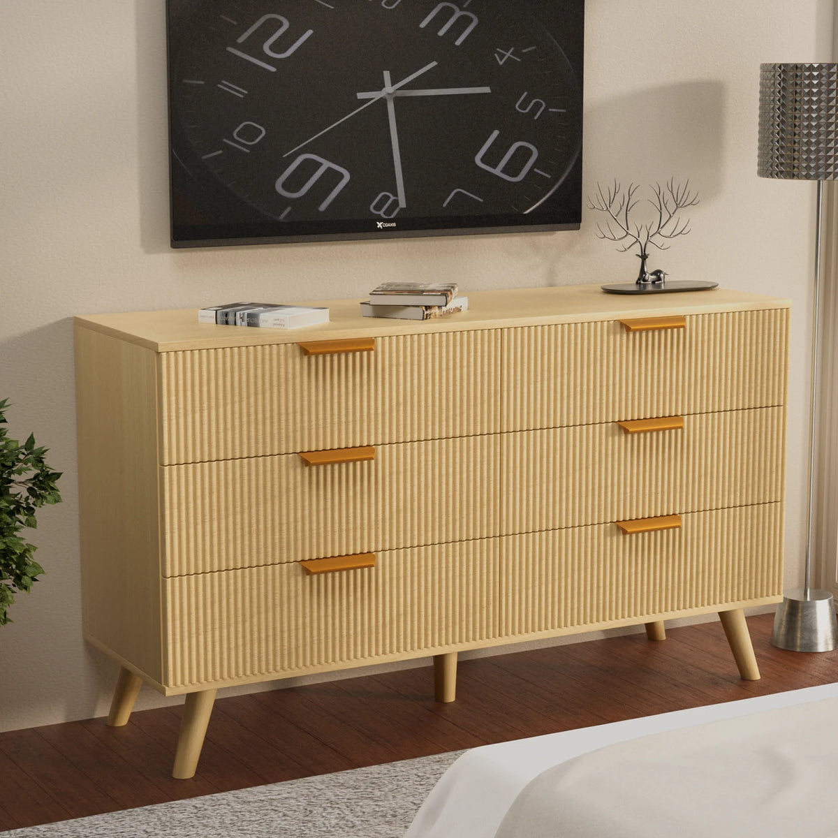 6 Drawer Natural Wood Flute Dresser Y492