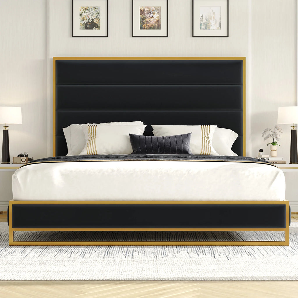 Queen Size Black Velvet Upholstered Platform Bed S64284