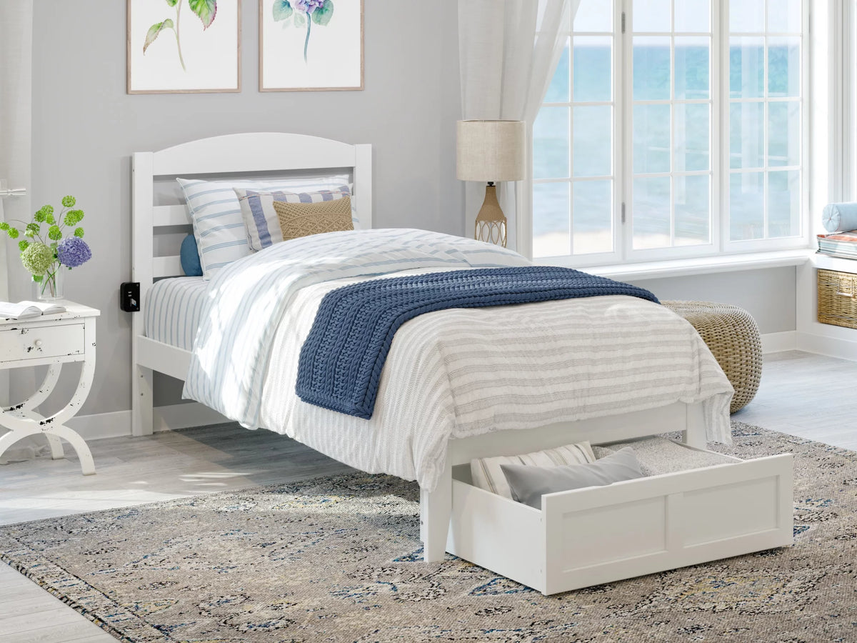 White Twin XL Wood Platform Bed Frame with Foot Drawer Storage H297883
