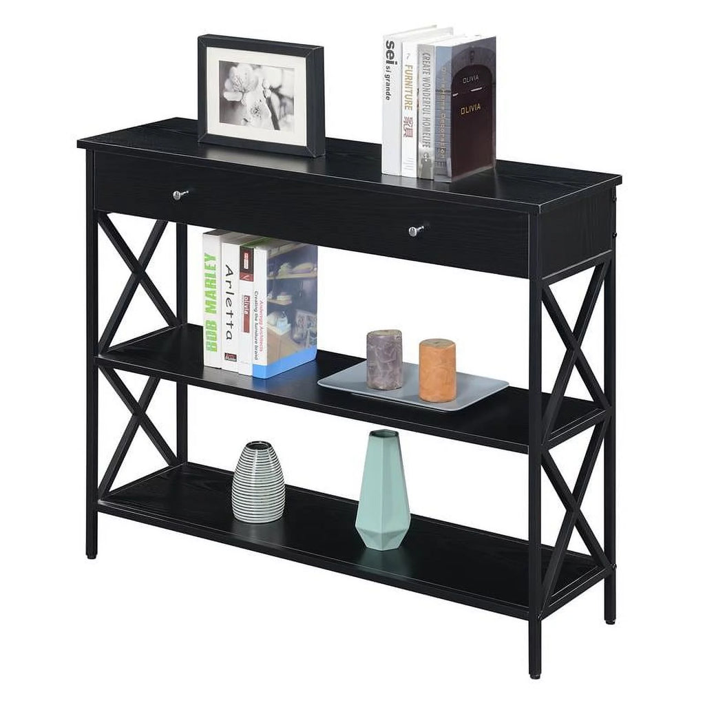 Black Wood and Metal One-Drawer Console Table V3258