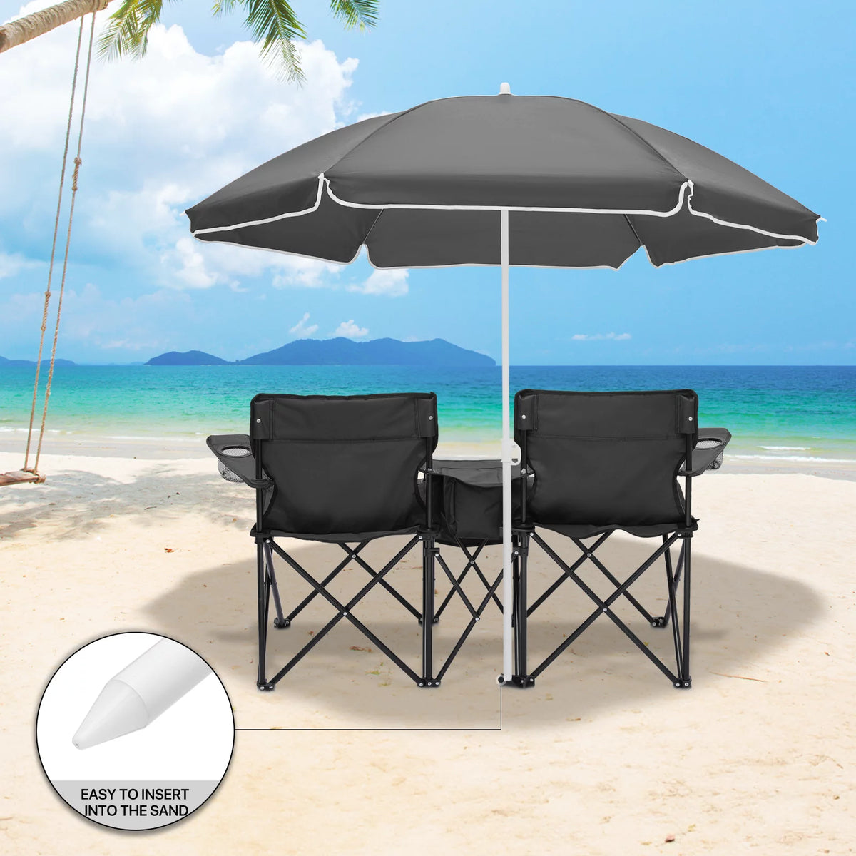 Portable Double Folding Chair with Umbrella, Cooler Bag & Carry Bag, Black H695