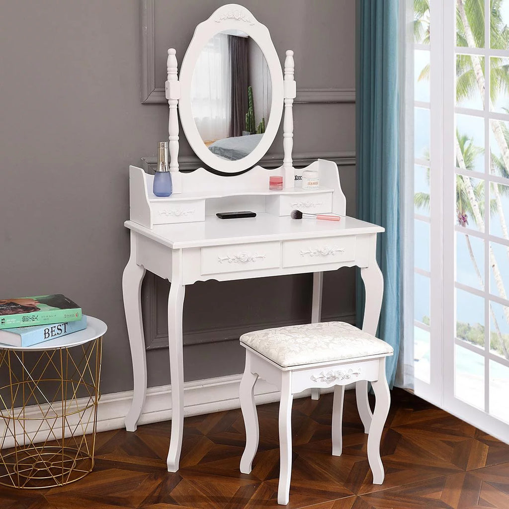 White Vanity Table and Stool Set with 4 Drawers & Mirror O759582